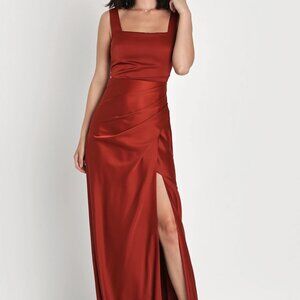Lulu's Red Carpet Romance Rust Orange Satin Square Neck Maxi Dress (Size M)